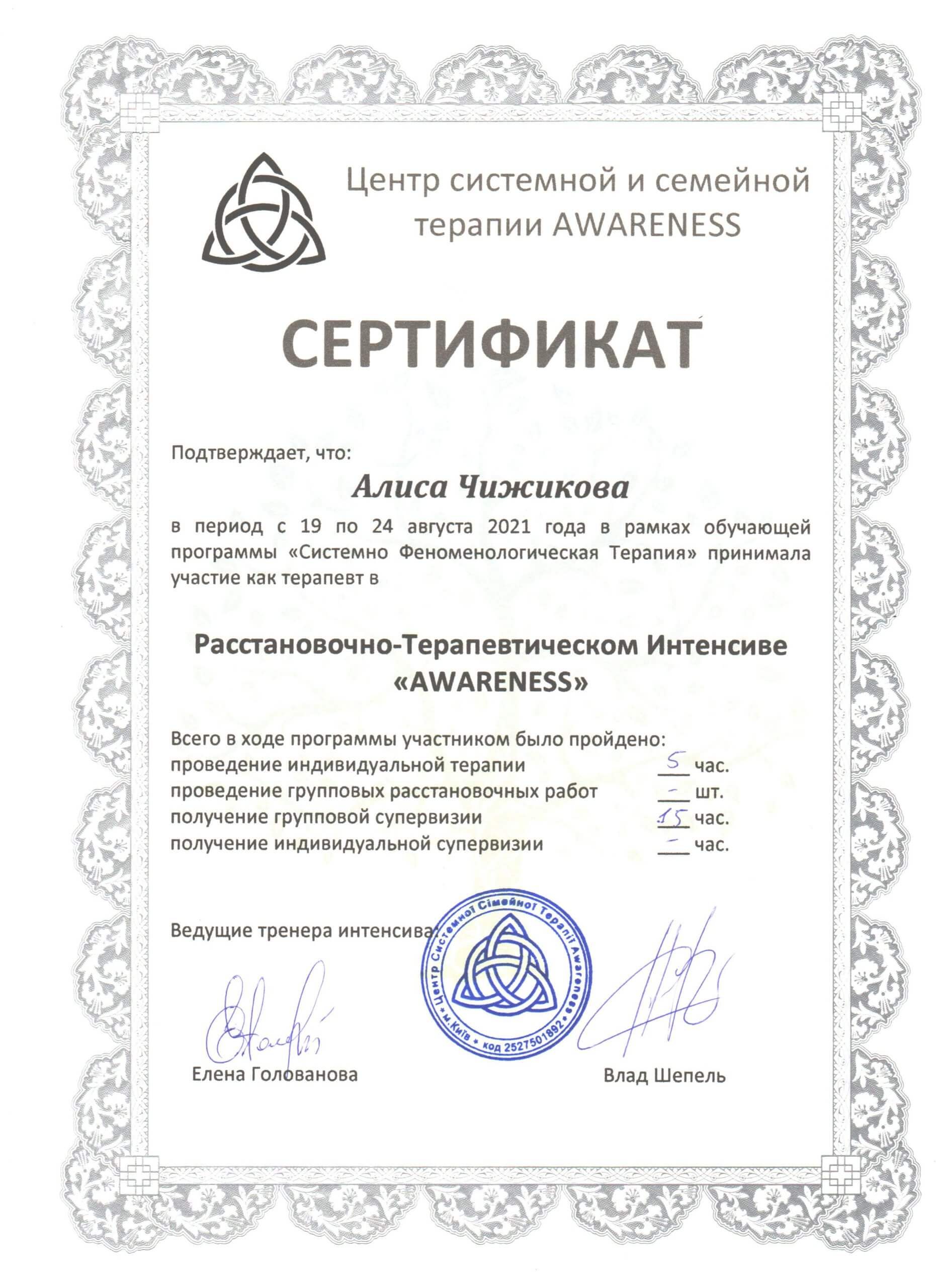 Алиса Чижикова сертификат