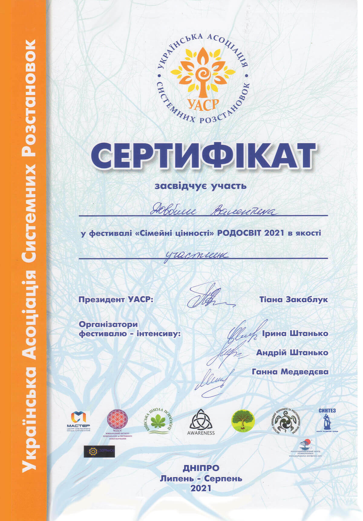 Сертификат Валентина Довбыш